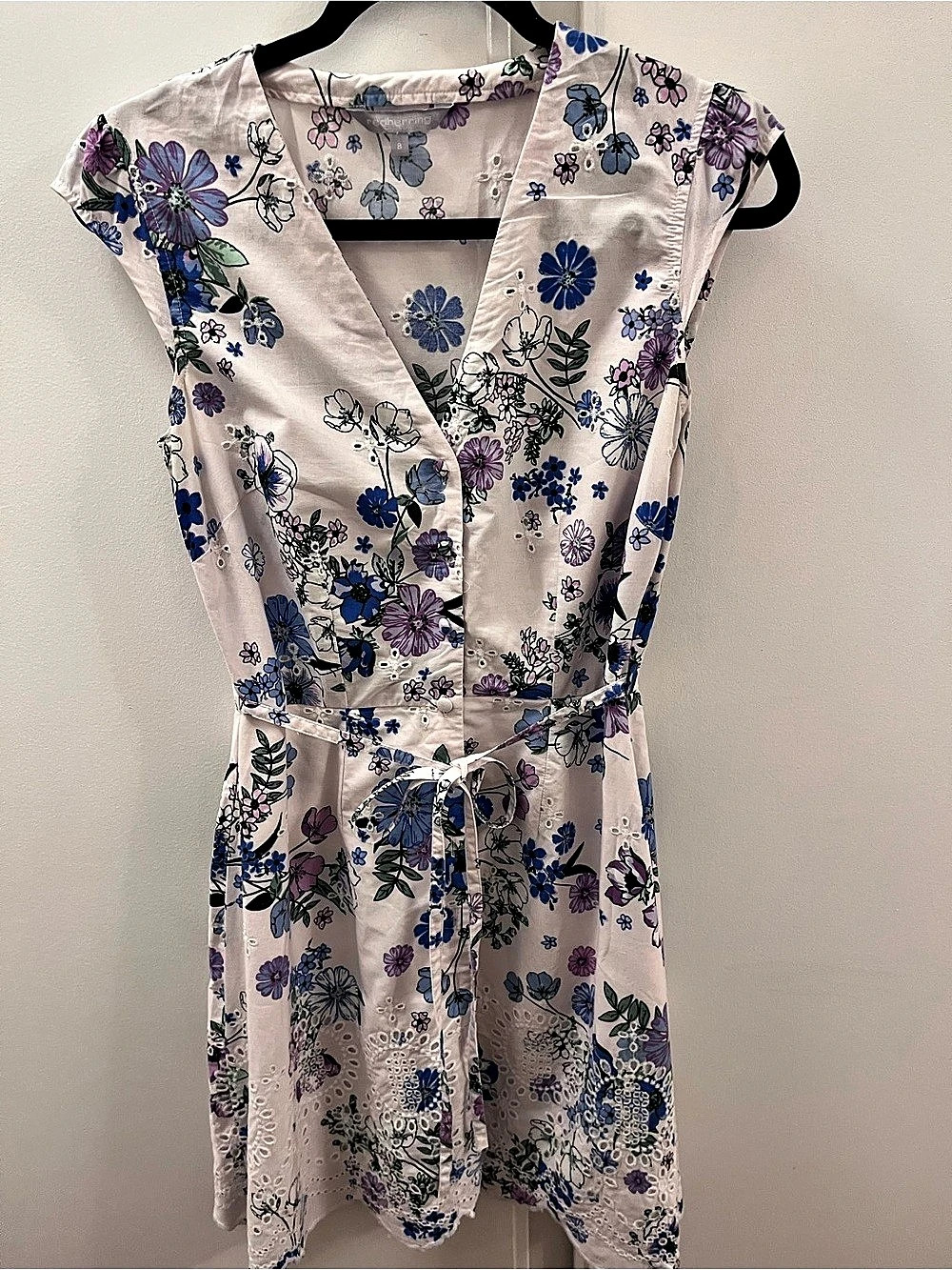 Red Herring Floral Eyelet Dress UK 8 / US 4 Tie Waist Cap Sleeve Blue Purple
